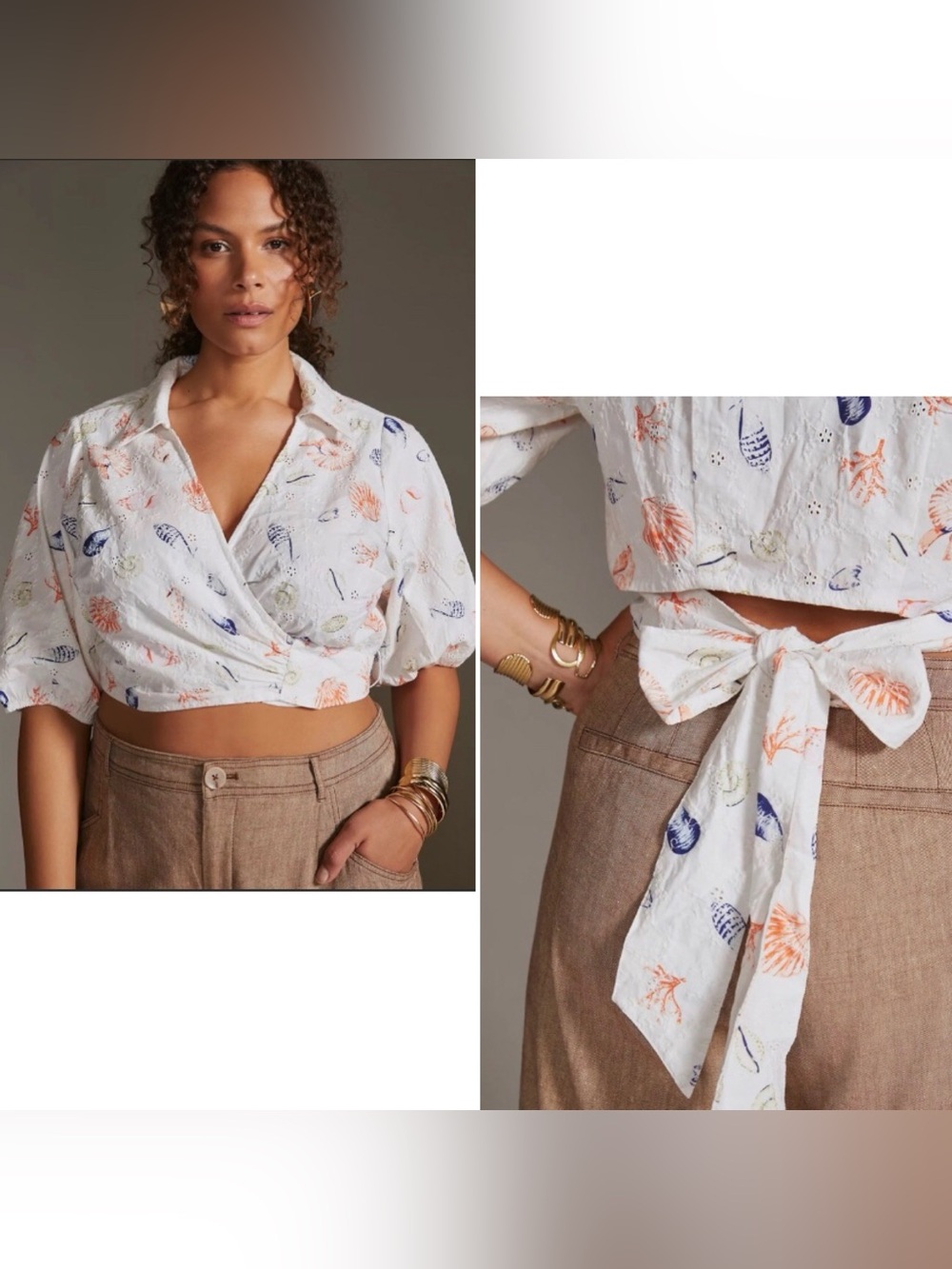 Anthro β Maeve Puff Sleeve Cotton Eyelet Wrap Crop Top White Seashell XS Petite - Picture 5 of 16
